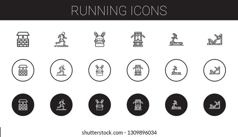 running icons set. Collection of running with well, bunny, gym, treadmill, gym station. Editable and scalable running icons.