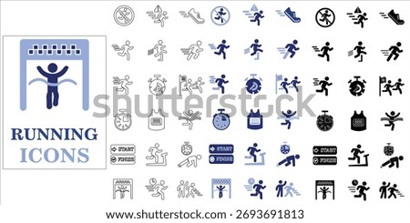 running icons set. hurdle, runner, run, sprint, race, trademill, run away, timer, winner and more. simple complette vector illustration