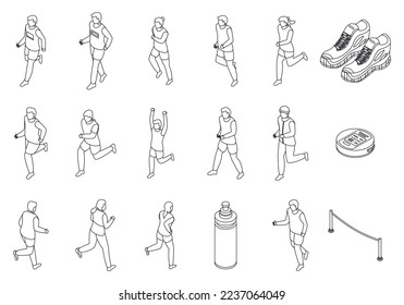 Running icons set. Isometric set of running vector icons outline on white thin line collection