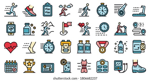 Running icons set. Outline set of running vector icons thin line color flat on white