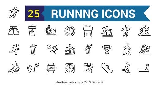 Running icons set. Outline set of running vector icons for ui design. Outline icon collection. Editable stroke.