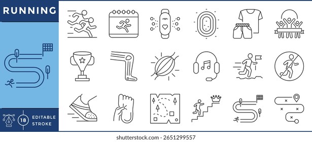 Running icons set. Run, competition, muscle pain, win, track, trophy, and many more. Vector editable stroke.