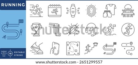 Running icons set. Run, competition, muscle pain, win, track, trophy, and many more. Vector editable stroke.