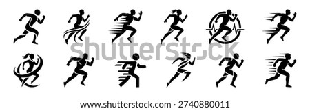 Running icons set. Runner and running logo or symbols, men and women in motion.