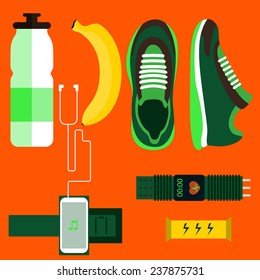 Running icons set shoes, water, banana, phone, sport watch. Top view. Sport Vector illustration