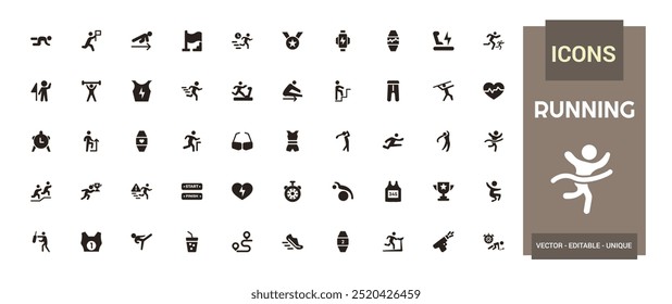 Running icons set. Solid set of running vector icons for ui design. Filled symbol collection. Vector illustration.