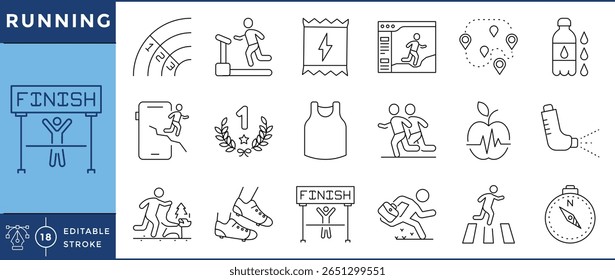 Running icons set. Track, locate, water, energy bar, compass, finish, and many more. Vector editable stroke.