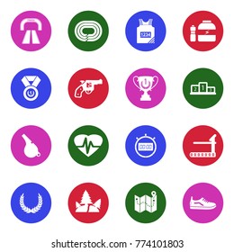 Running Icons. White Flat Design In Circle. Vector Illustration. 