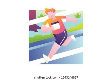 Running Illustration. Marathone Vector Design. A Man Running On The Road