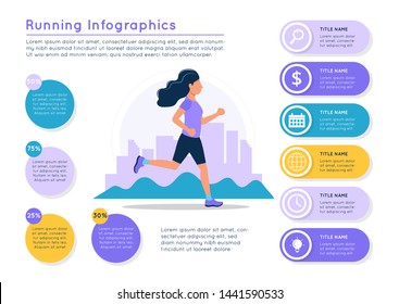 Running infographics. Woman running with city landscape, different data colorful elements. Vector illustration template in flat style