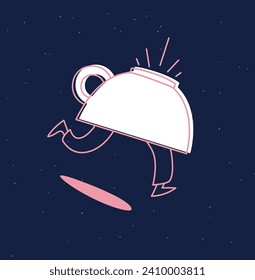 Running inverted cup of coffee drawing in cartoon flat line style on blue background