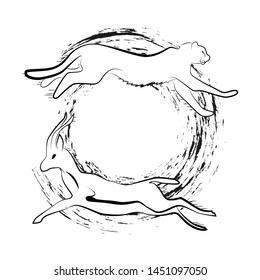 The running jaguar and the running antelope are drawn in black lines. Wild animals. Animals run in a circle, the cycle in nature.