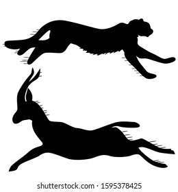 Running jaguar and running antelope are drawn in black silhouettes. Wild animals. Hishnik and herbivore.