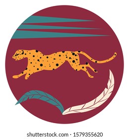 Running jaguar - round icon, isolated on white background - vector. Animal world. Mythology.