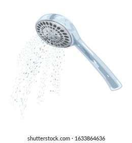 Running jets, streams, falling drops, flowing water from metallic shower head. Interior object of bathroom, washroom. Vector realistic illustration isolated on white background for ads, catalogues.