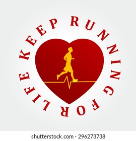 Running or jogging concept illustration with silhouette of a person with healthy lifestyle symbol in background. Cardio exercise. Eps10 vector illustration.