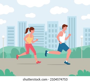 Running, Jogging, Exercise In The City Park, Flat Illustration. Man And Woman, Couple, Friends Running Together With Cartoon Trendy Style. Training On The City, Fresh Area, Outdoors. Fitness, Strength