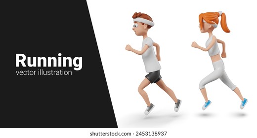 Running, jogging. Male and female character in sportswear running, side view