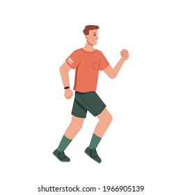 Running jogging man in casual cloth isolated flat cartoon character. Vector side view of guy with band tracker on hand. Sport trainings, sportive jogger in uniform, run workout, cardio motion exercise