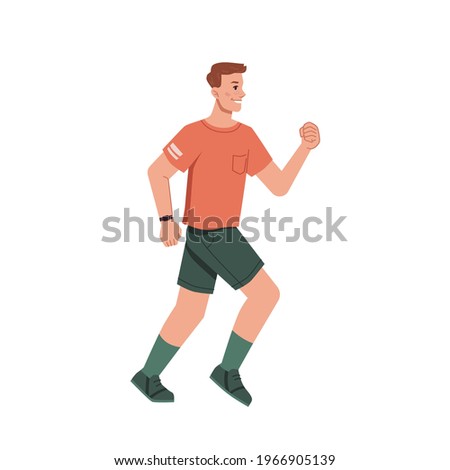 Running jogging man in casual cloth isolated flat cartoon character. Vector side view of guy with band tracker on hand. Sport trainings, sportive jogger in uniform, run workout, cardio motion exercise
