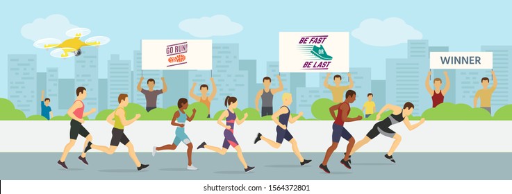 Running jogging marathons competitions race vector illustration. Sport runners group men and women in motion. Running man finishing first. City background.