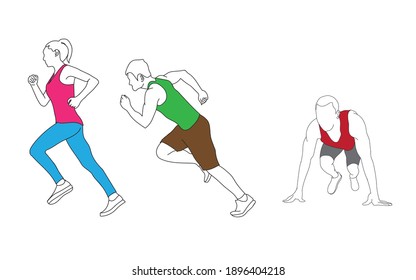 running, jogging pose of people vector art with highlight colours