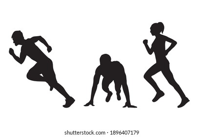 running, jogging pose silhouette of group people with white background