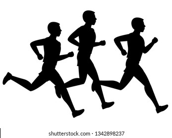 Running or jogging vector male silhouettes isolated on white background. Illustration of runner body people silhouette