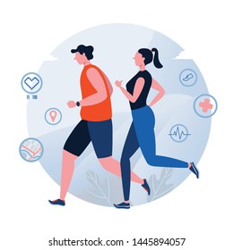 Running. Jogging. World Health Day. Healthy lifestyle. Couple. People vector illustration. Flat cartoon character graphic design. Landing page template, banner, flyer, poster, web page