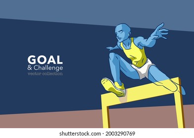 Running and jump over obstacle , goal and challenge, hurdle race man vector 