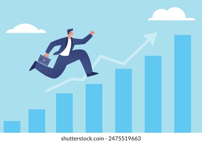 Running or jumping businessman in blue suit and bar graph flat illustration.