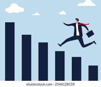 A running or jumping businessman in a suit and a flat illustration of a bar graph. Businessman jump over growing chart