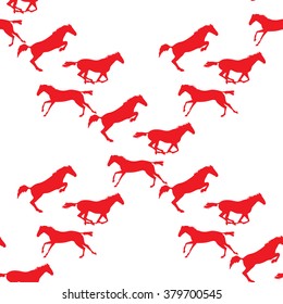 Running and jumping herd of horses. Vector seamless pattern with horses. Red horse seamless pattern on isolated background. Background with Equine sports theme