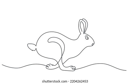 Running, jumping rabbit, design in minimalist style for greeting card. Hand drawn vector illustration. Black and white.