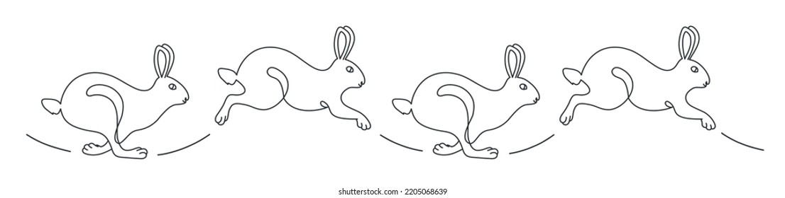 Running, jumping rabbit. Simple rabbit ornament. Hand drawn vector illustration. Black and white.
