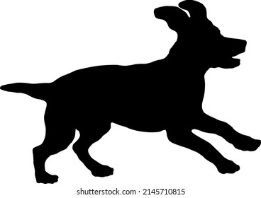 Running and jumping russian spaniel puppy. Black dog silhouette. Pet animals. Isolated on a white background. Vector illustration.