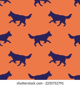 Running and jumping siberian husky puppy. Seamless pattern. Dog silhouette. Endless texture. Design for wallpaper, fabric, template, surface design. Vector illustration.