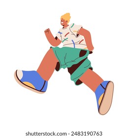 Running and jumping young personage with smile on face. Vector flat cartoon character with energized movements and happy mood or attitude. Motivated and energized male boy