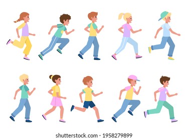 Running Kids Set. Young Happy Runners Side View Collection, Children Sport Activities, Athlete Boys And Girls Participate In Marathon, Healthy Lifestyle. Vector Flat Cartoon Concept