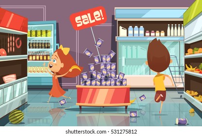 Running kids in a shop with mess food and drinks cartoon vector illustration 