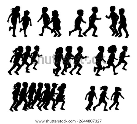 Running kids silhouettes vector, children playing and activity, children in silhouette running