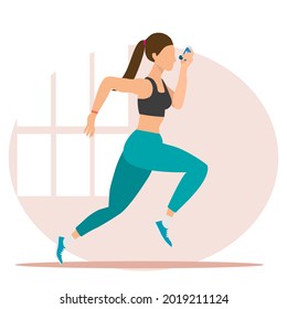 A running lady using inhaler with pink window background. An athlete in sport bra green pants holding inhaler for Asthma disease in vector svg