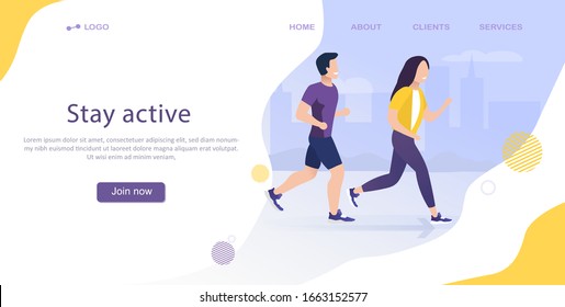 Running landing page template. The guy and the girl run in the city. Active lifestyle. Illustration for marathon, city run, training, cardio exercising. Landing Page. Flat Vector Illustration