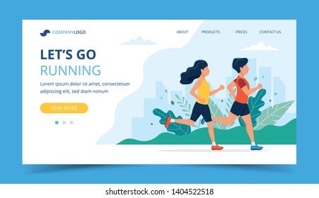 Running landing page template. Man and woman running in the park. Illustration for marathon, city run, training, cardio exercising. Vector illustration in flat style