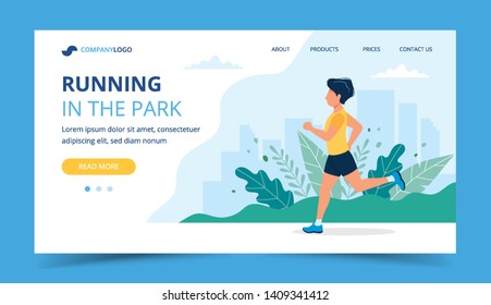 Running landing page template. Man running in the park. Illustration for marathon, city run, training, cardio exercising. Vector illustration in flat style