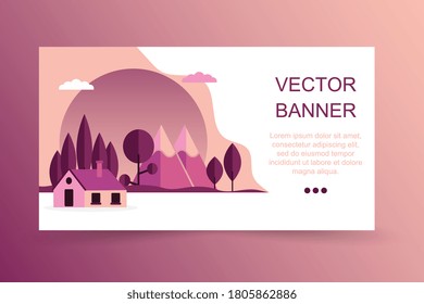 Running landing page template. Night landscape illustration in flat style with mountains, forest and hom. Background for summer camp, nature tourism, camping or hiking design concept. Vector illustrat