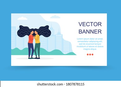 Running landing page template. Two Sisters. flat vector illustrations of two happy twins loving and supporting each other. Family, sisterhood, twins holding hands. Vector illustration in flat style. 