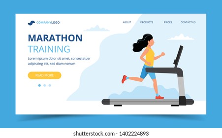 Running landing page template. Woman running on the treadmill. Illustration for marathon, city run, training, cardio exercising. Vector illustration in flat style