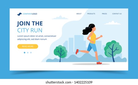 Running landing page template. Woman running in the park. Illustration for marathon, city run, training, cardio exercising. Vector illustration in flat style