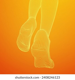 Running legs with sport shoes go. Human foot action pose. Wireframe low poly mesh vector illustration